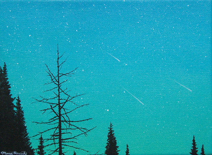 Painting of three meteors falling above a dead cedar tree