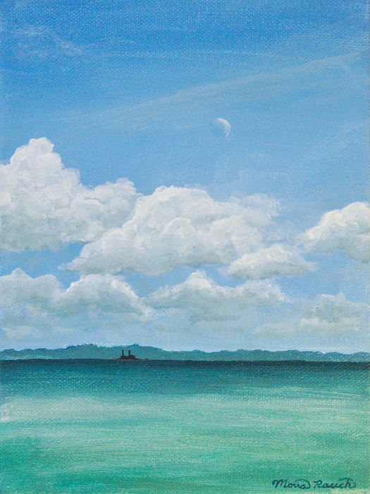 Painting of Gull Island under fluffy clouds