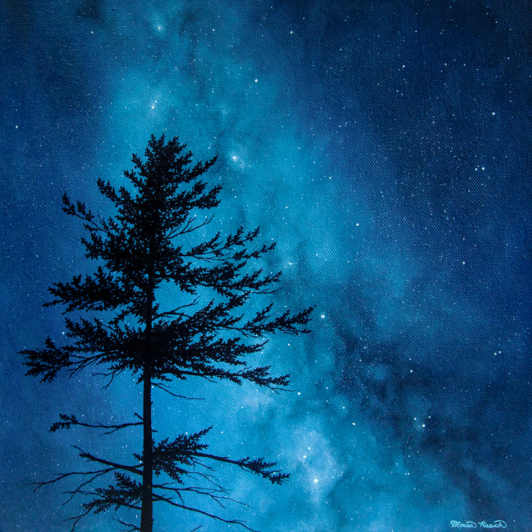 Painting of a tree sihouetted by the Milky Way
