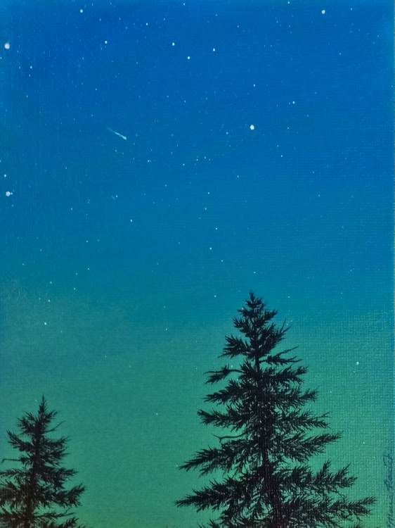 Painting of two pine trees and a shooting star at twilight