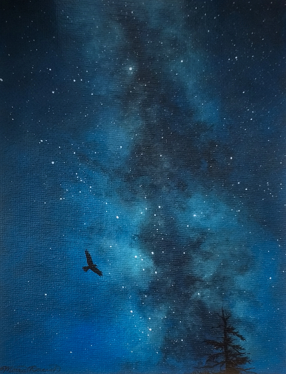 Painting of a hawk flying at night