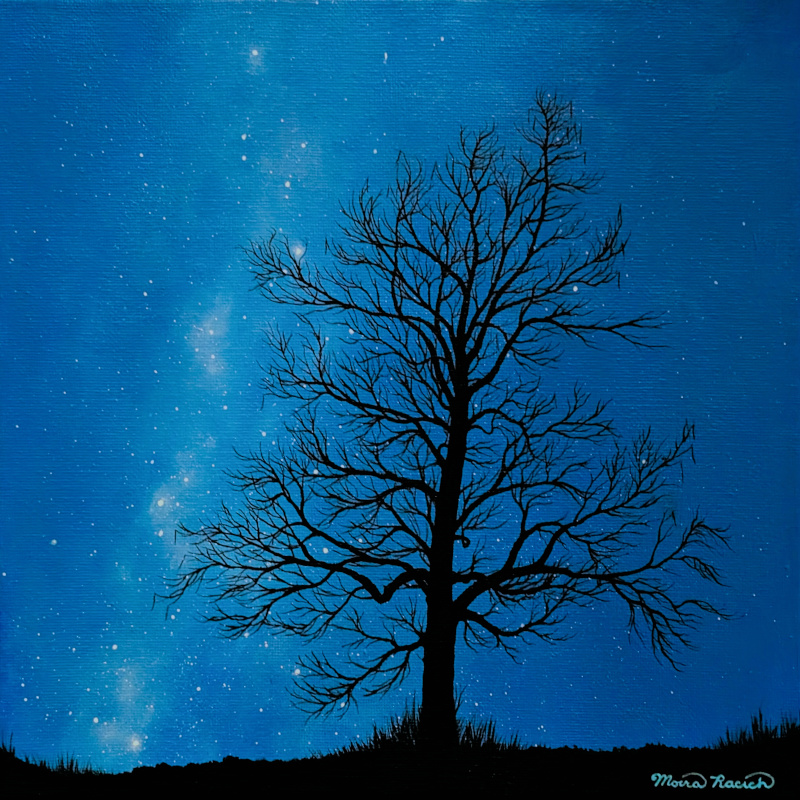Painting of a leafless catalpa tree silhouetted against the night sky