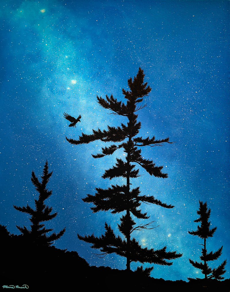 Painting of a crow landing near the top of a tree at night
