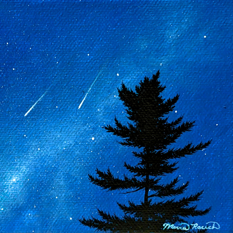 Painting of two meteors falling next to a tree at night