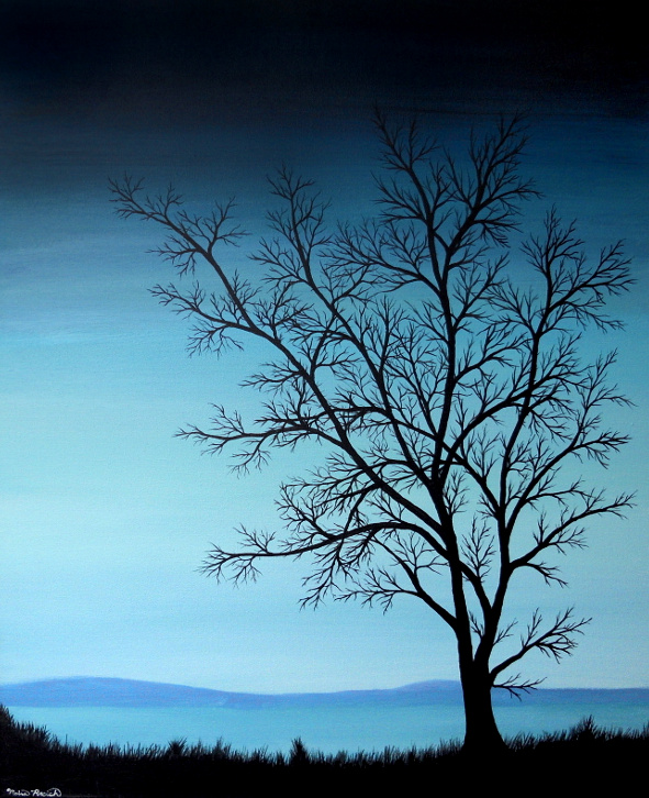 Painting of a leafless tree in front of a lake at twilight