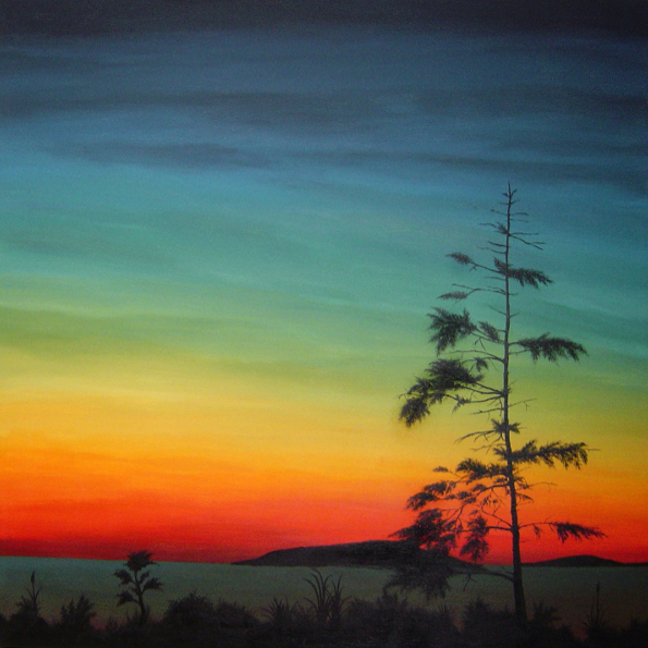 Painting of a pine tree at sunset