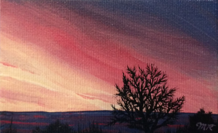Painting of a winter sunrise over Grand Traverse Bay