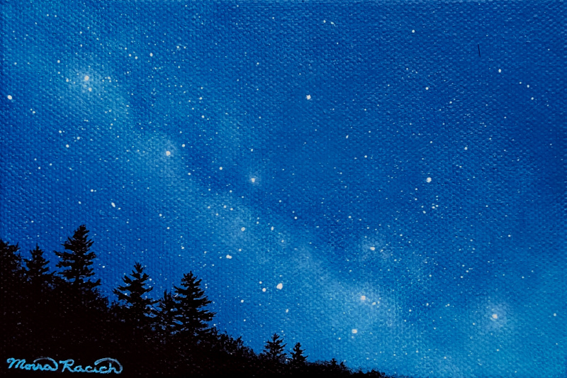 Painting of a tree-covered hill in front of the Milky Way