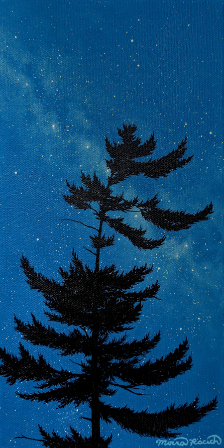 Painting of a pine silhouetted by the Milky Way
