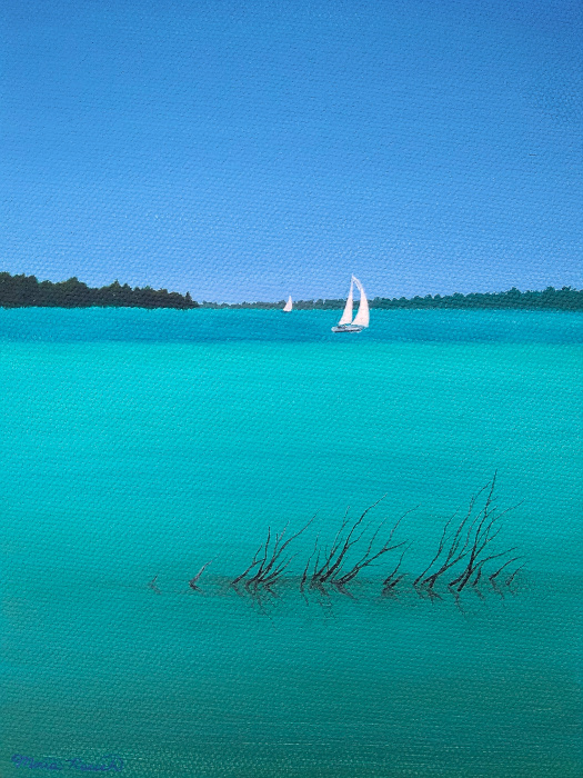 Painting of reeds and sailboats in Torch Lake