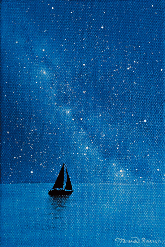 Painting of a sailboat sailing at night