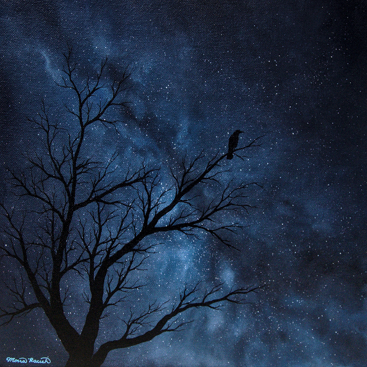 Painting of a crow in a tree at night