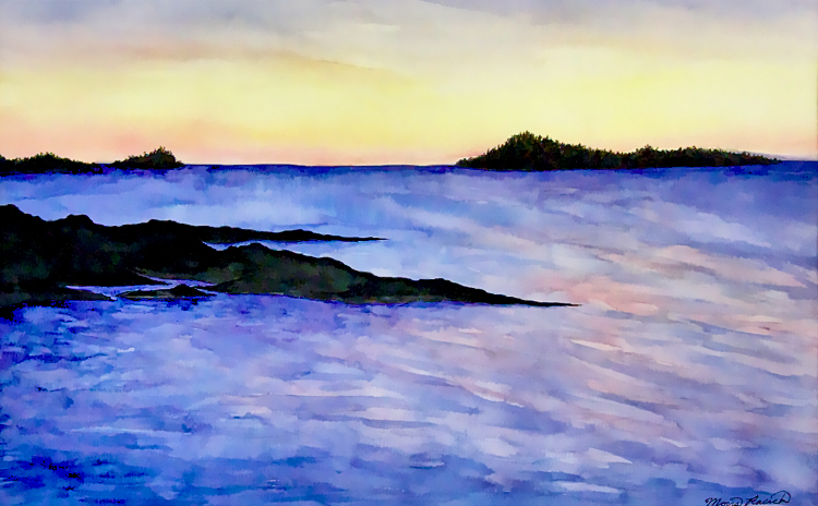 Painting of water and rocks at sunrise