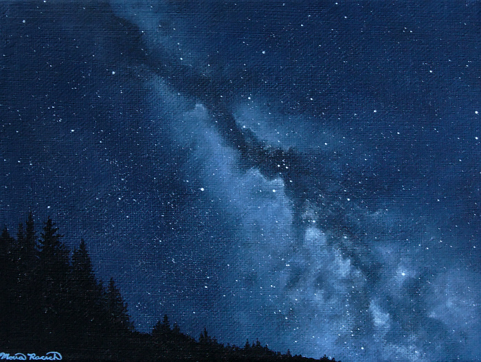 Painting of the Milky Way galaxy with a hill in the foreground