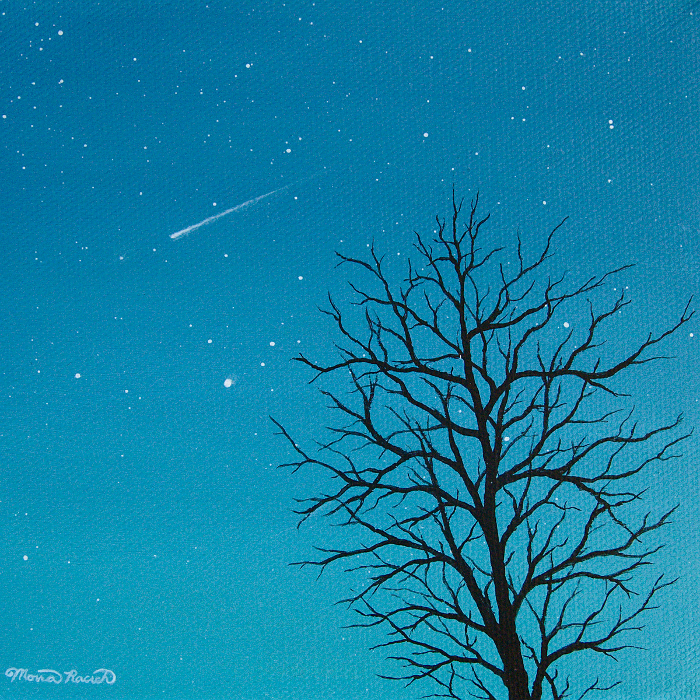 Painting of a meteor falling over a leafless tree at twilight