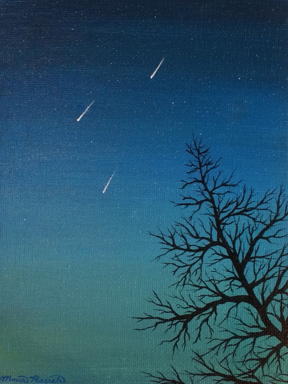 Painting of a leafless tree and three meteors at twilight