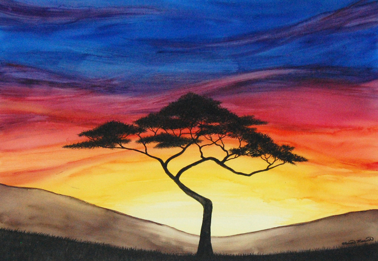 Painting of a tree silhouette at sunset