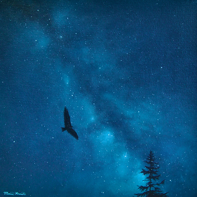 Painting of a hawk flying at night