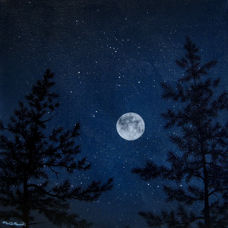 Painting of the moon between two trees