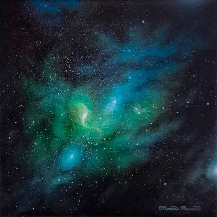 Painting of a c-type barred spiral galaxy