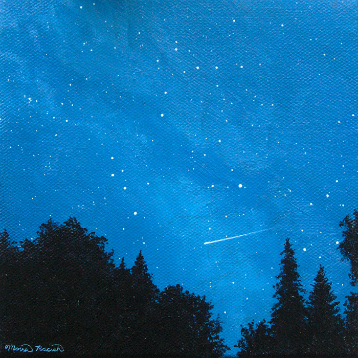 Painting of a shooting star over trees