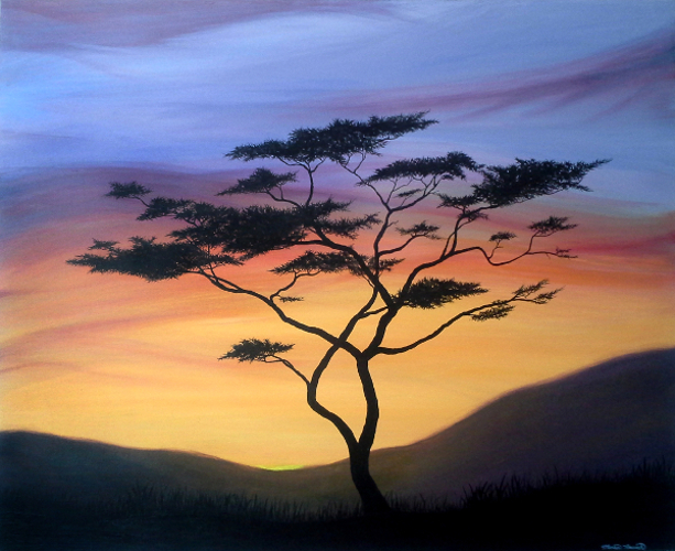 Painting of a tree silhouette in front of hills and the setting sun