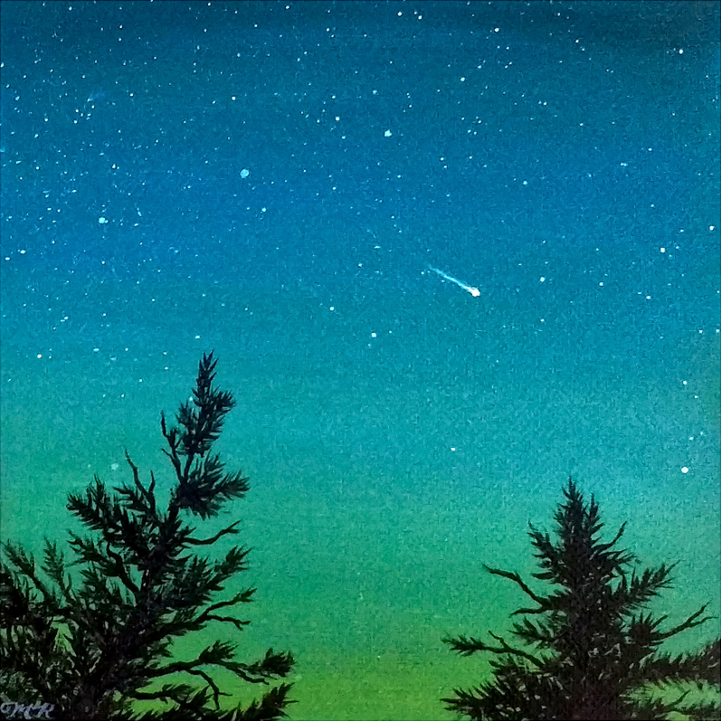 Painting of two pine trees and a shooting star at twilight