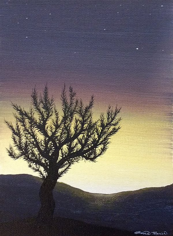 Painting of a tree at sunset
