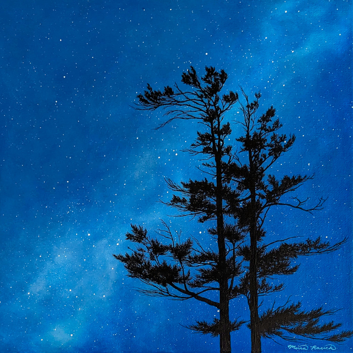 Painting of two trees at night, bending in the wind