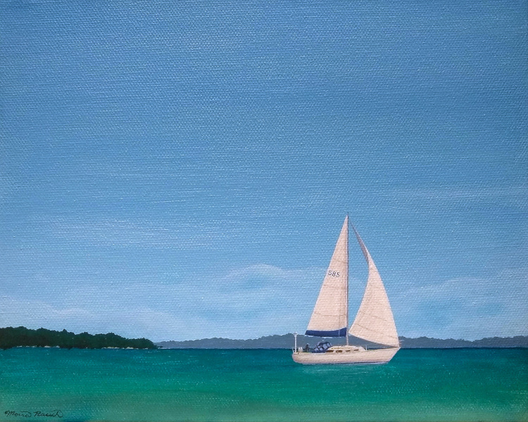 Painting of a sailboat with a sailor