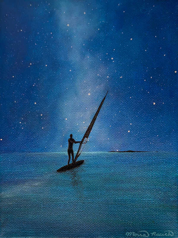 Painting of a windsurfer at night