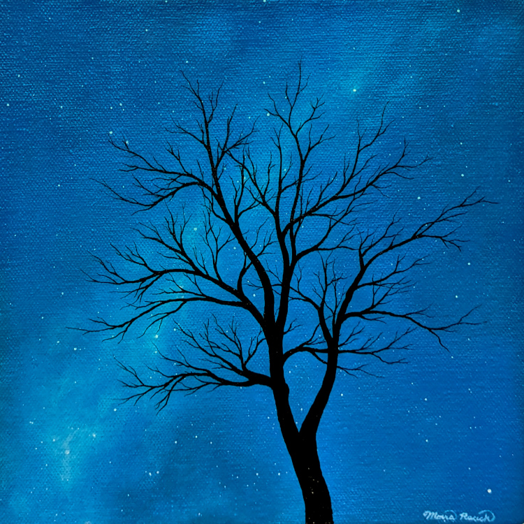 Painting of a birch tree at night in winter