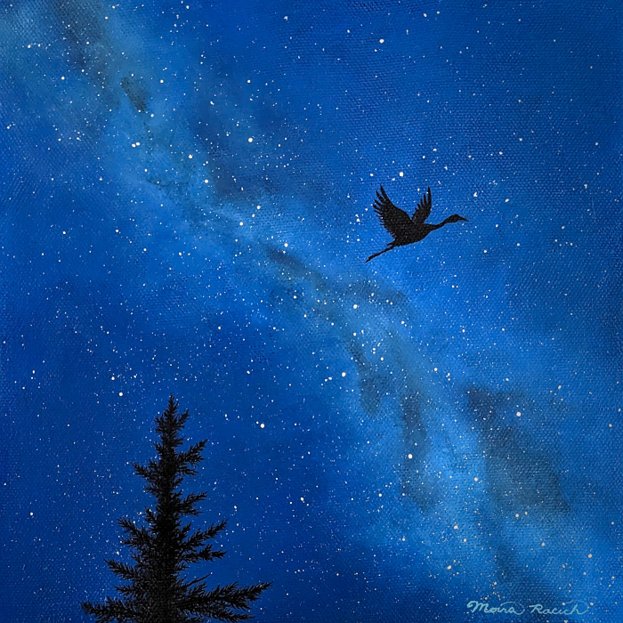 Painting of a crane flying past the top of a tree at night