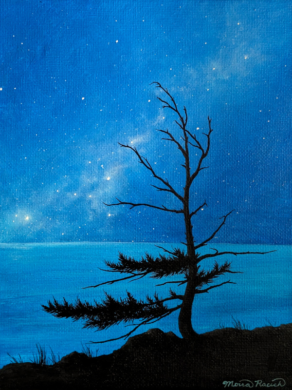 Painting of a dying tree by the water at night