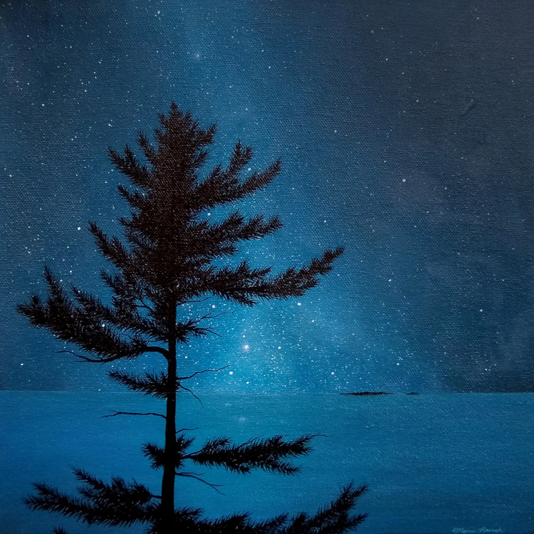 Painting of an eastern white pine in front of Lake Michigan at night