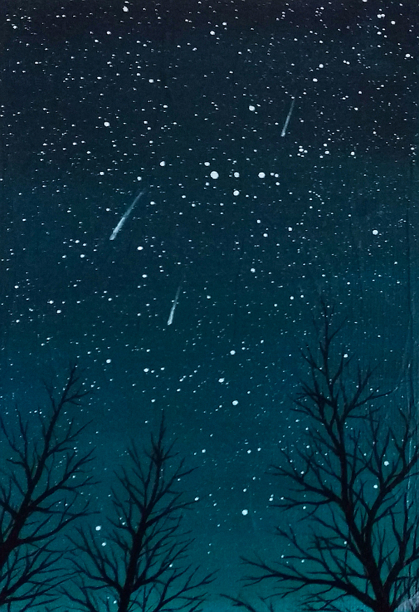 Painting of three meteors falling over three leafless trees