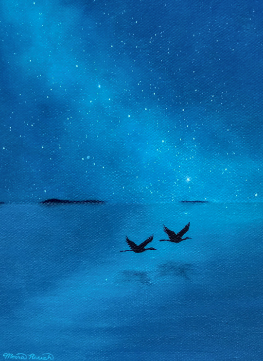 Painting of two cranes flying at night over water