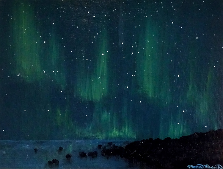 Painting of Northern Lights reflected over water
