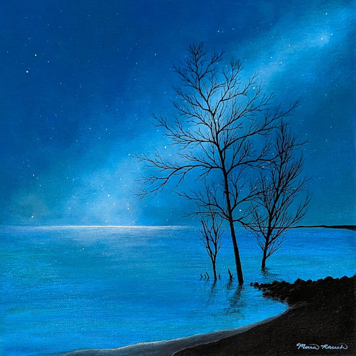 Painting of the public beach in Northport, MI at night
