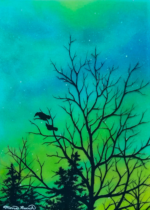 Painting of a two crows in a tree