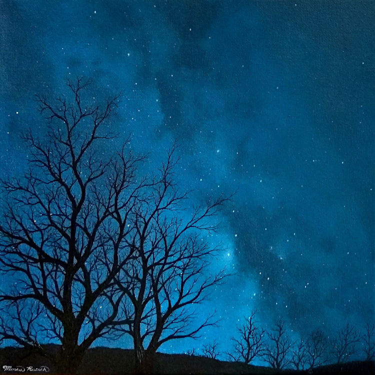 Painting of winter trees silhouetted by the Milky Way