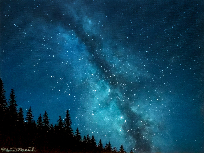 Painting of the Milky Way over a tree covered dune
