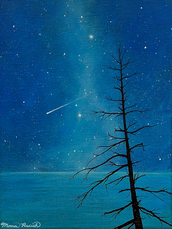 Painting of a dead cedar in the foreground and a meteor falling over water