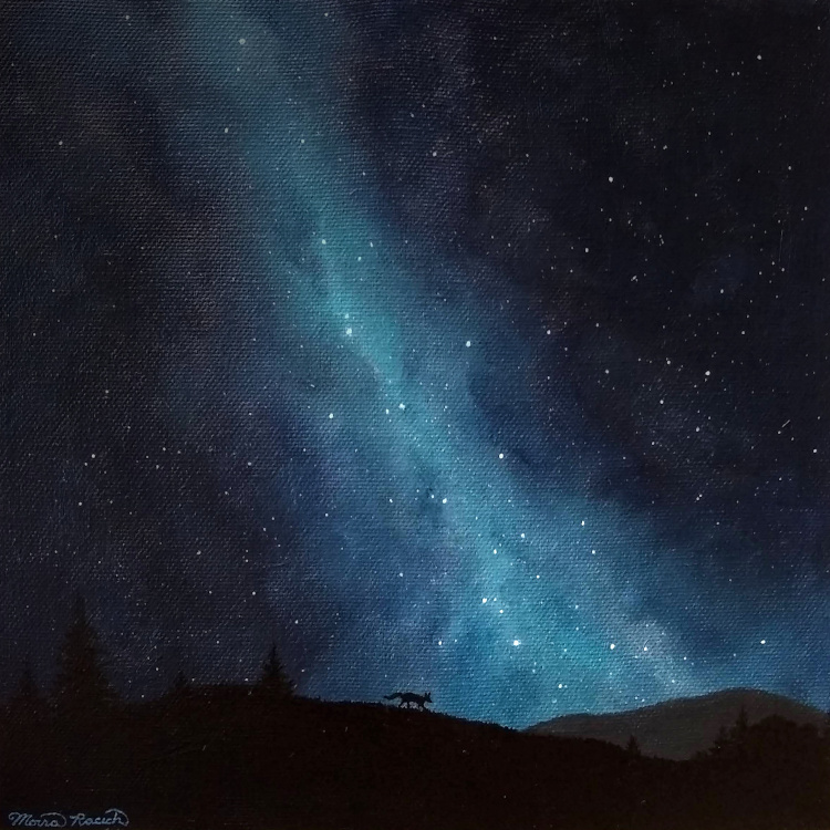 Painting of a fox silhouetted by the Milky Way
