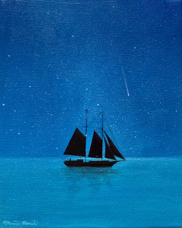 Painting of a tall ship at night with a falling star