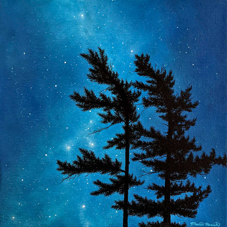 Painting of two trees bending in the wind at night