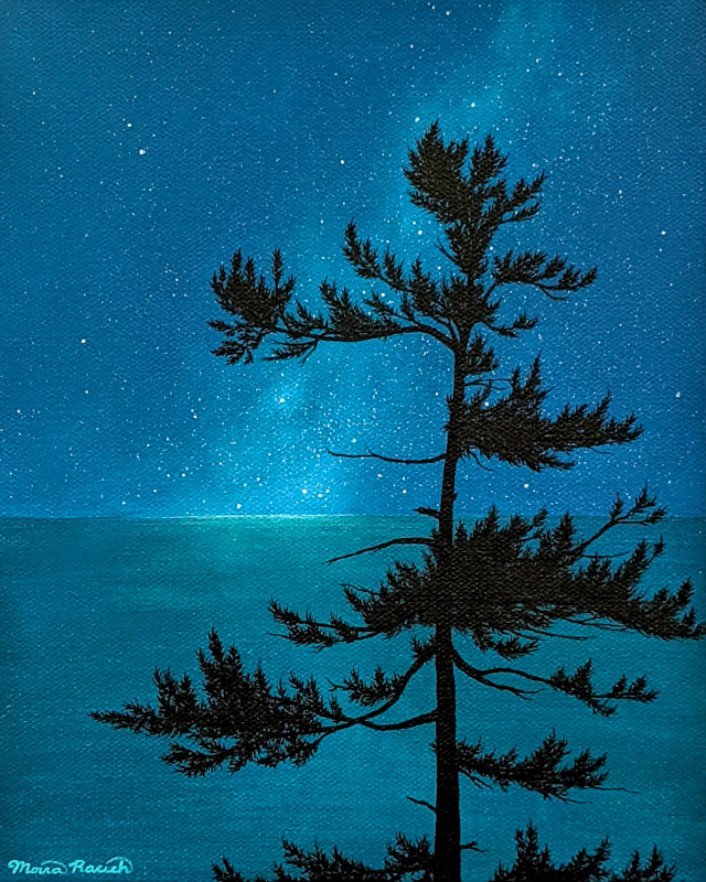 Painting of a tree at night in front of water and the Milky Way
