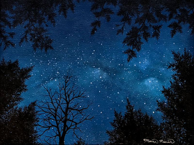 Painting of the night sky looking up through trees