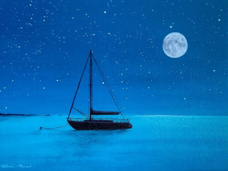 Painting of a sailboat under a full moon