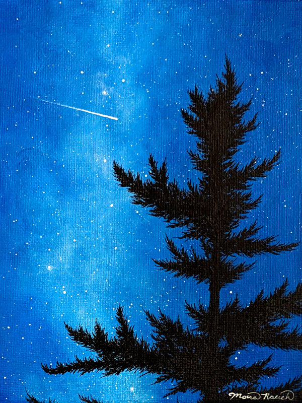 Painting of a meteor falling behind a tree